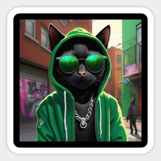 A black cat as a rap hiphop artist  in the alleyways of his home town. Sticker